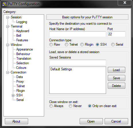 PuTTY Session Config Screen 